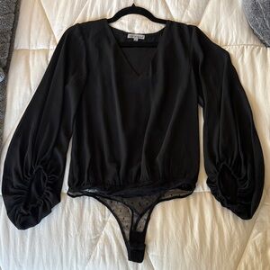 Wishlist Black Long-Sleeve V-Neck Bodysuit with Mesh Thong